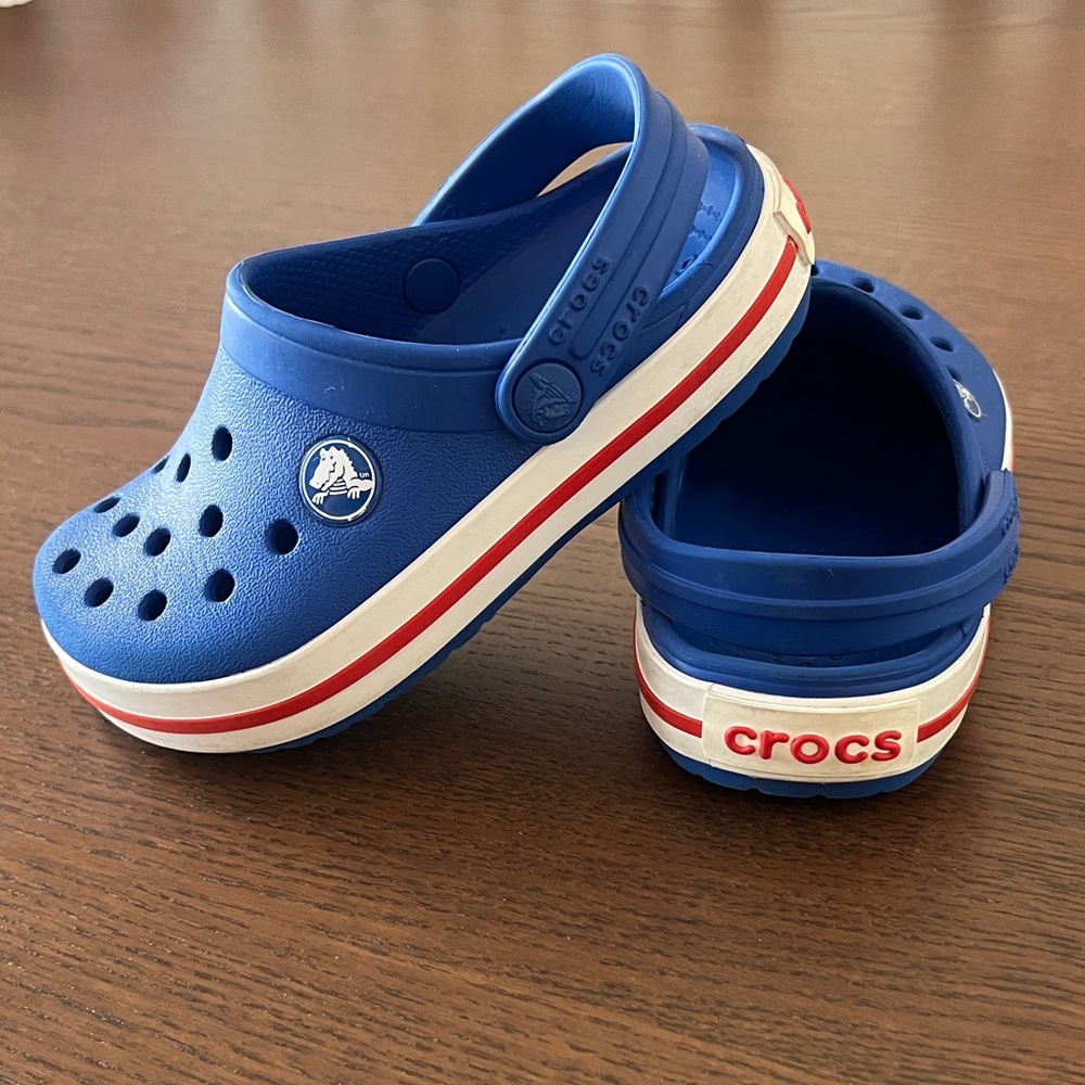 CROCS Kids size 8 Blue Shoes with Cute Red Stripe